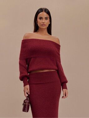NWT Meshki Charlotte Off-the-Shoulder Knit Long Sleeve Sweater in Merlot